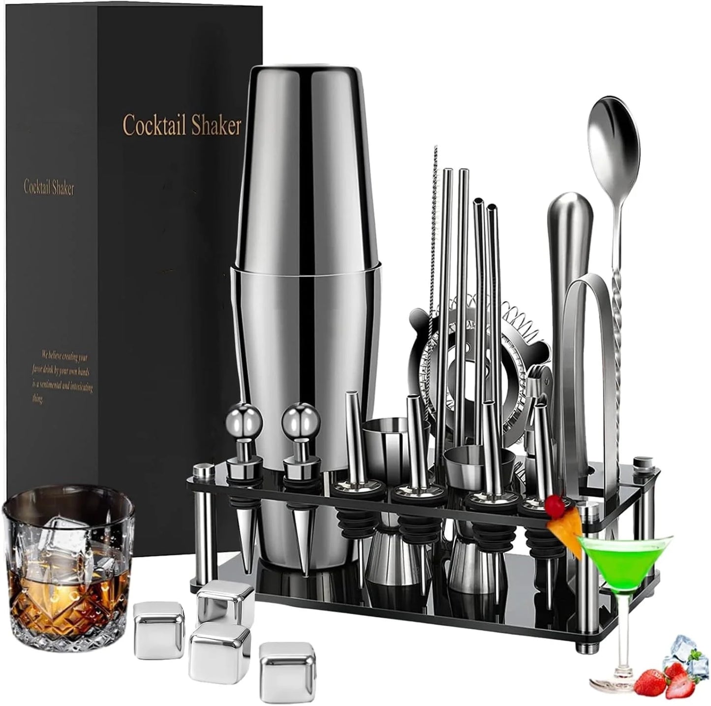 Cocktail Shaker Set, 20 Pieces 750Ml Professional Stainless Steel Cocktail Shaker with Boston Shaker, Strainer, Measuring Cup, Mixing Spoon, Great Gift Kit
