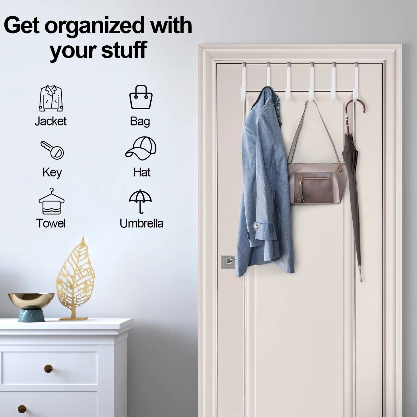 6 Pack Metal over the Door Hooks, over Door Hooks with Soft Rubber Surface, Heavy Duty Organizer over the Door Hangers for Clothes, Umbrellas, Bag, Towels, Hats (White)