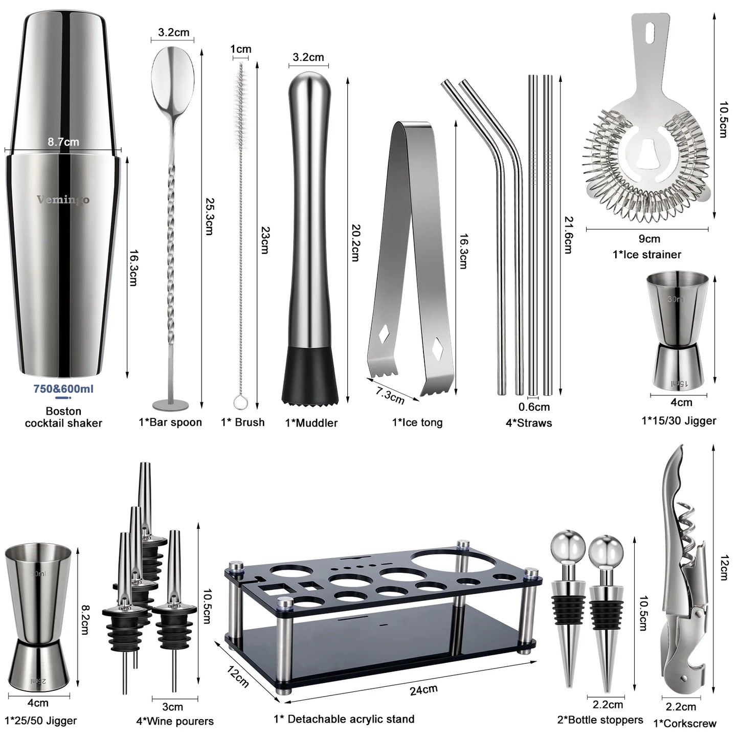 Cocktail Shaker Set, 20 Pieces 750Ml Professional Stainless Steel Cocktail Shaker with Boston Shaker, Strainer, Measuring Cup, Mixing Spoon, Great Gift Kit