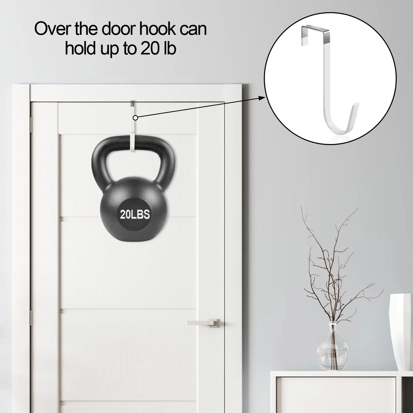 6 Pack Metal over the Door Hooks, over Door Hooks with Soft Rubber Surface, Heavy Duty Organizer over the Door Hangers for Clothes, Umbrellas, Bag, Towels, Hats (White)
