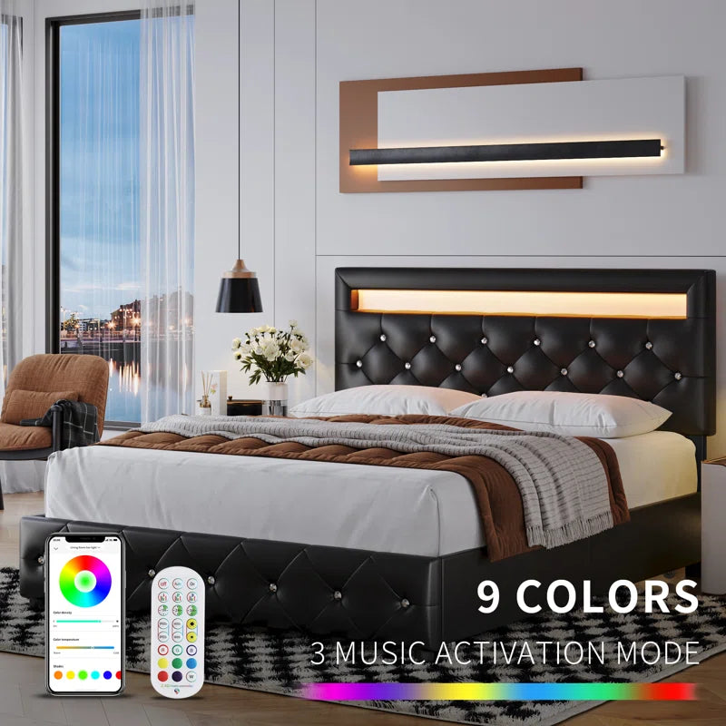 Atrayu Upholstered Platform Bed with LED Light and 4 Storage Drawers, Adjustable Headboard
