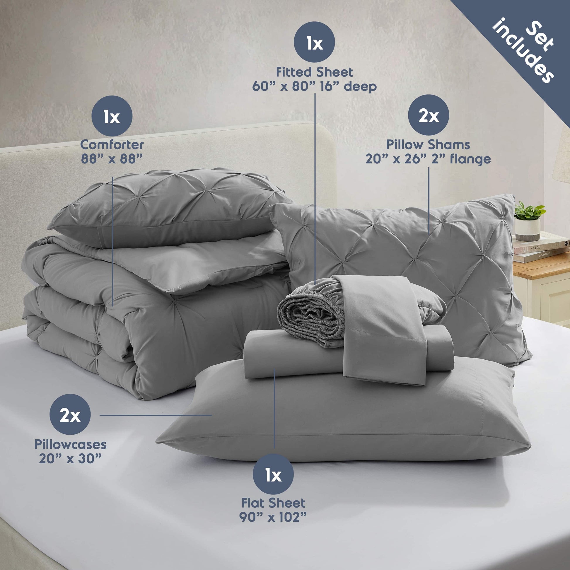 Virtu Queen Comforter Set, 7Pc Bed in a Bag, Pleated Bedding Comforter Sets Queen, Gray/Silver