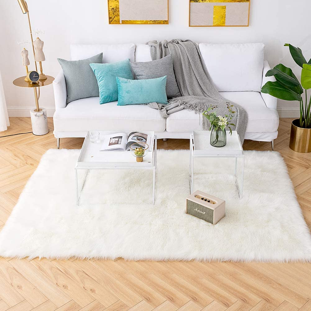 6X9 White Shaggy Faux Sheepskin Area Rug – Large Soft Fluffy Fur Carpet for Bedroom, Living Room, Bedside, or Nursery Decor