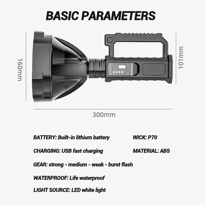 Powerful XHP70 LED Flashlight Searchlight USB Rechargeable Ultra-Long Lighting Distance Torches Outdoor Spotlight Lantern