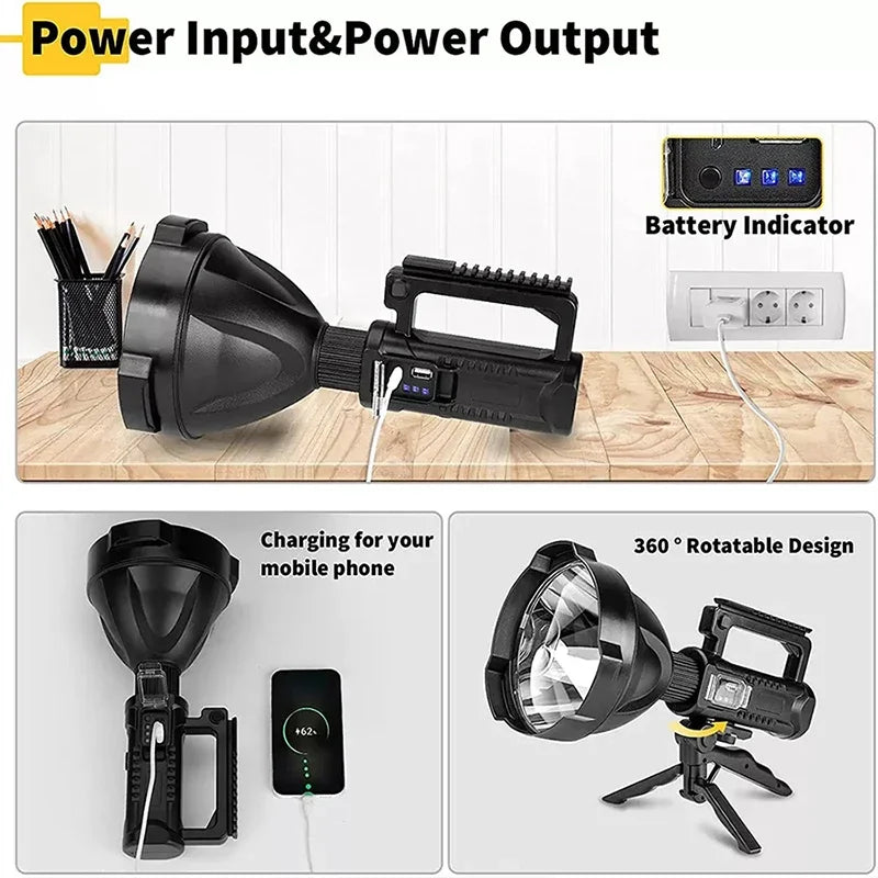 Powerful XHP70 LED Flashlight Searchlight USB Rechargeable Ultra-Long Lighting Distance Torches Outdoor Spotlight Lantern