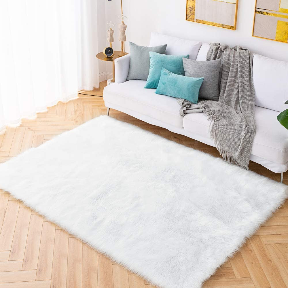 6X9 White Shaggy Faux Sheepskin Area Rug – Large Soft Fluffy Fur Carpet for Bedroom, Living Room, Bedside, or Nursery Decor