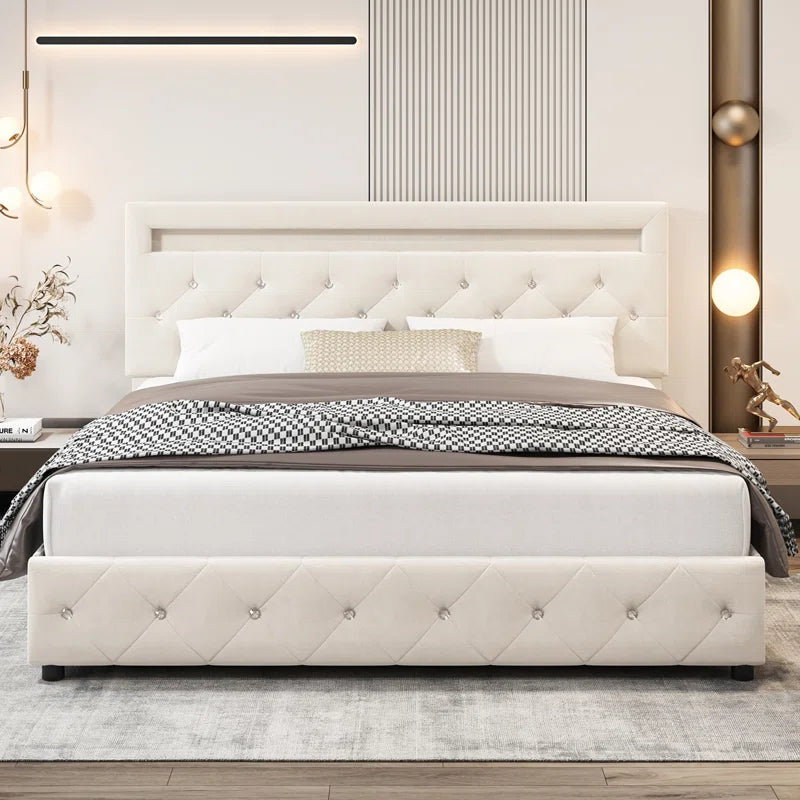 Atrayu Upholstered Platform Bed with LED Light and 4 Storage Drawers, Adjustable Headboard