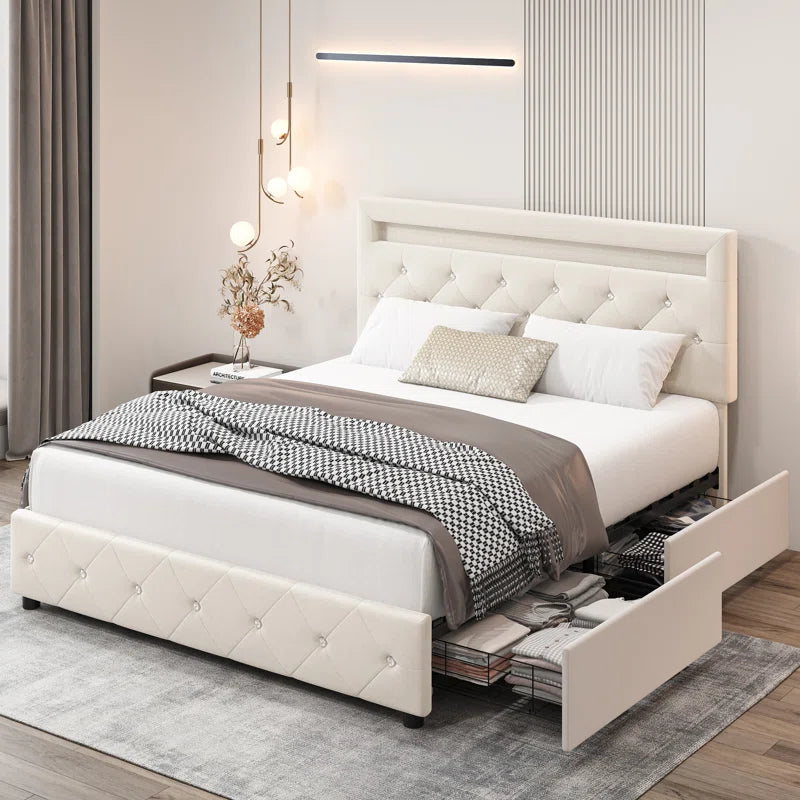 Atrayu Upholstered Platform Bed with LED Light and 4 Storage Drawers, Adjustable Headboard
