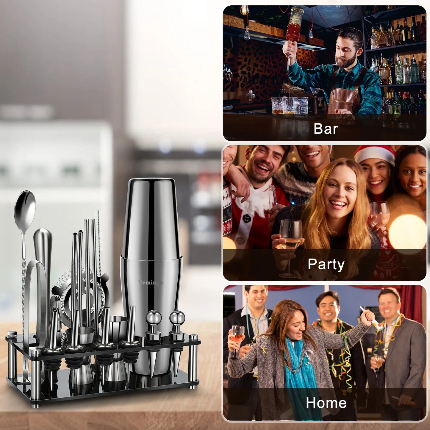 Cocktail Shaker Set,  20 Pieces 750Ml Professional Stainless Steel Cocktail Shaker with Boston Shaker, Strainer, Measuring Cup, Mixing Spoon, Great Gift Kit