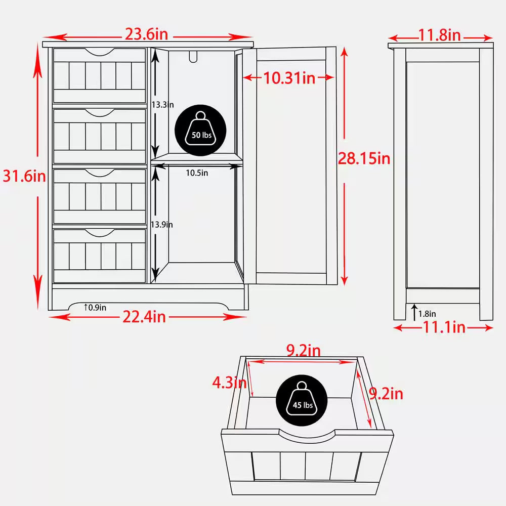 23.6 In. W X 11.8 In. D X 31.6 In. H White Freestanding Linen Cabinet with Adjustable Shelf and 4-Drawer