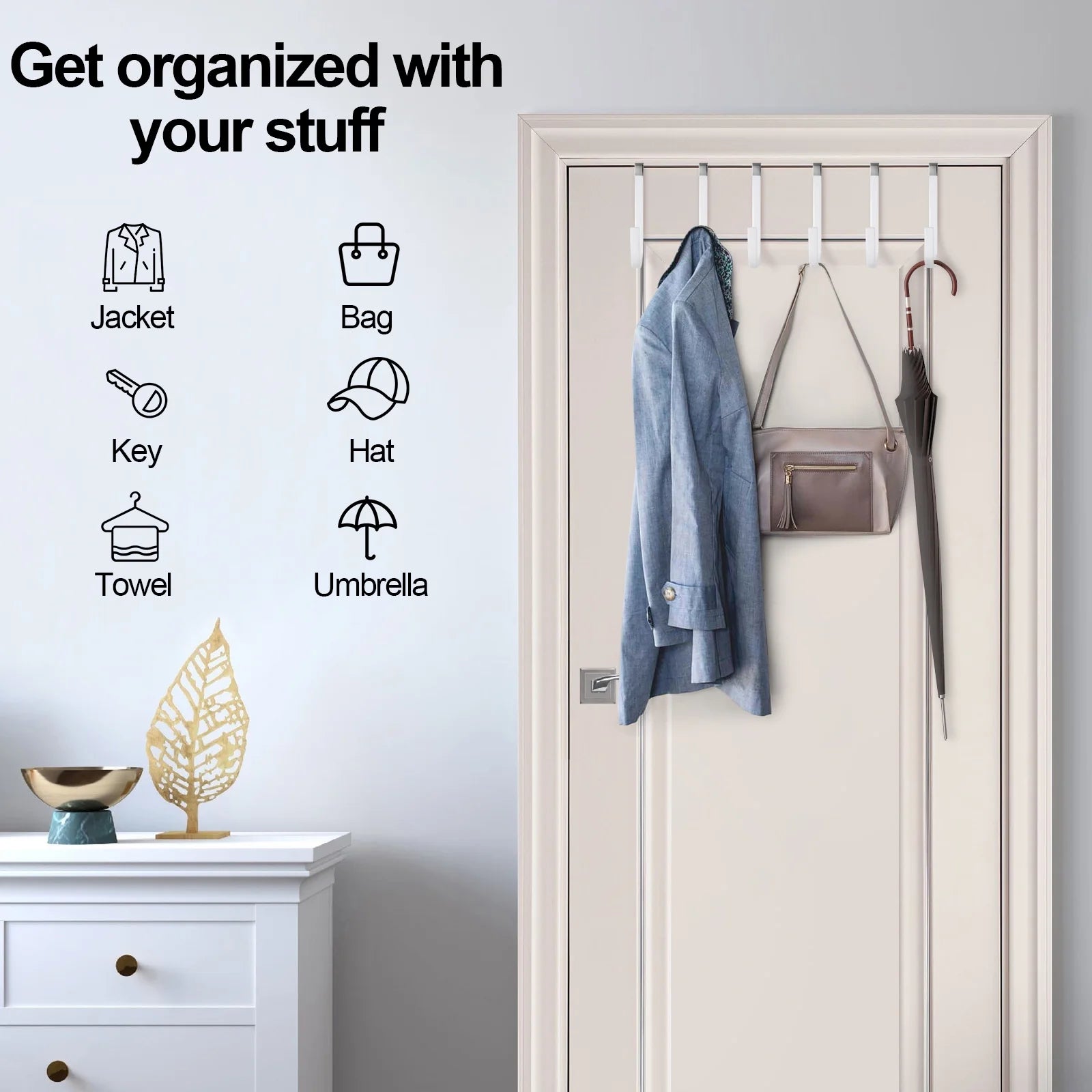 6 Pack Metal over the Door Hooks, over Door Hooks with Soft Rubber Surface, Heavy Duty Organizer over the Door Hangers for Clothes, Umbrellas, Bag, Towels, Hats (White)