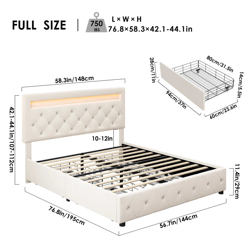 Atrayu Upholstered Platform Bed with LED Light and 4 Storage Drawers, Adjustable Headboard