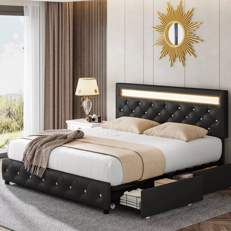 Atrayu Upholstered Platform Bed with LED Light and 4 Storage Drawers, Adjustable Headboard