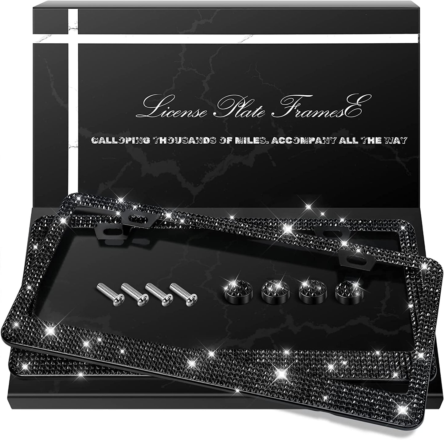 2 Pack Bling License Plate Frames, Sparkly Rhinestone Diamond Car License Plate Cover for Women, Stainless Steel Car Accessories with Glitter Crystal Caps (Black)