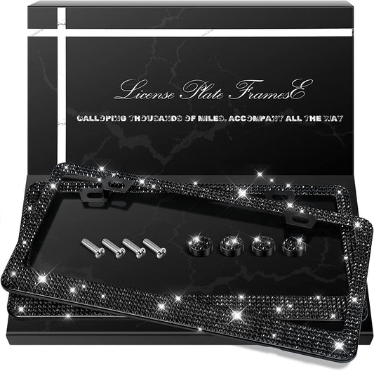 2 Pack Bling License Plate Frames, Sparkly Rhinestone Diamond Car License Plate Cover for Women, Stainless Steel Car Accessories with Glitter Crystal Caps (Black)