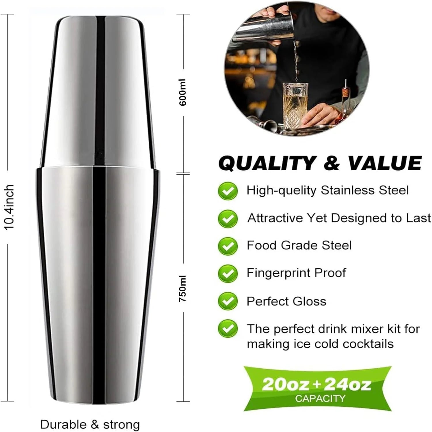 Cocktail Shaker Set,  20 Pieces 750Ml Professional Stainless Steel Cocktail Shaker with Boston Shaker, Strainer, Measuring Cup, Mixing Spoon, Great Gift Kit