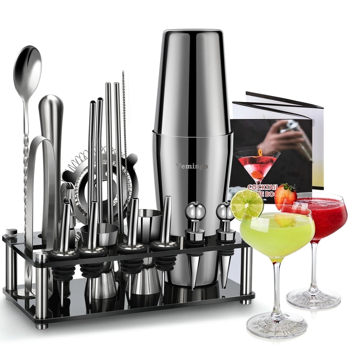 Cocktail Shaker Set,  20 Pieces 750Ml Professional Stainless Steel Cocktail Shaker with Boston Shaker, Strainer, Measuring Cup, Mixing Spoon, Great Gift Kit