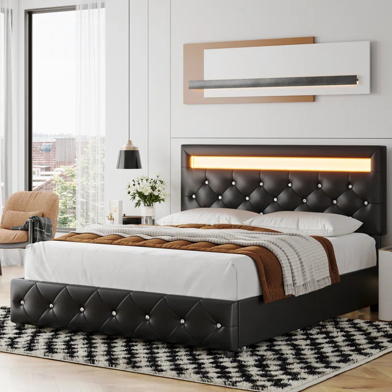 Atrayu Upholstered Platform Bed with LED Light and 4 Storage Drawers, Adjustable Headboard
