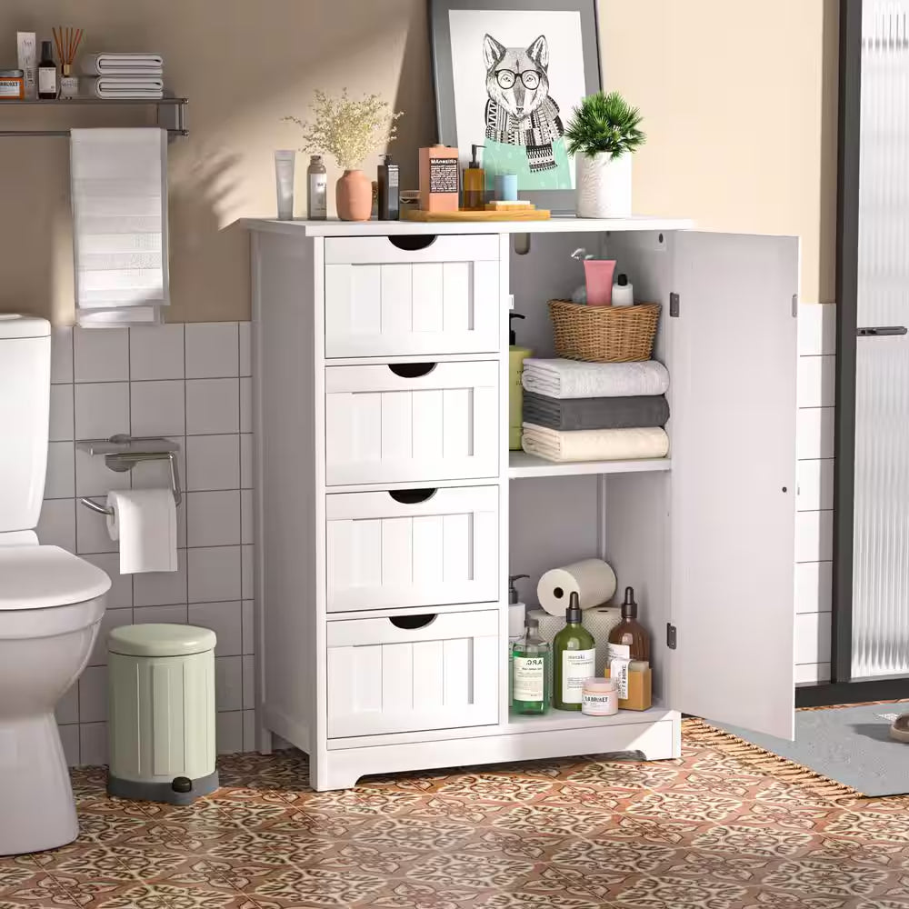 23.6 In. W X 11.8 In. D X 31.6 In. H White Freestanding Linen Cabinet with Adjustable Shelf and 4-Drawer