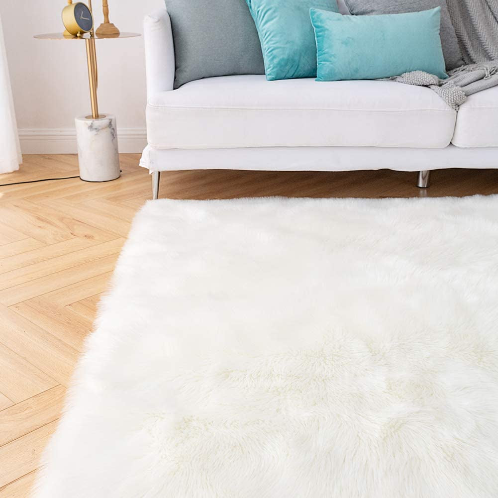 6X9 White Shaggy Faux Sheepskin Area Rug – Large Soft Fluffy Fur Carpet for Bedroom, Living Room, Bedside, or Nursery Decor