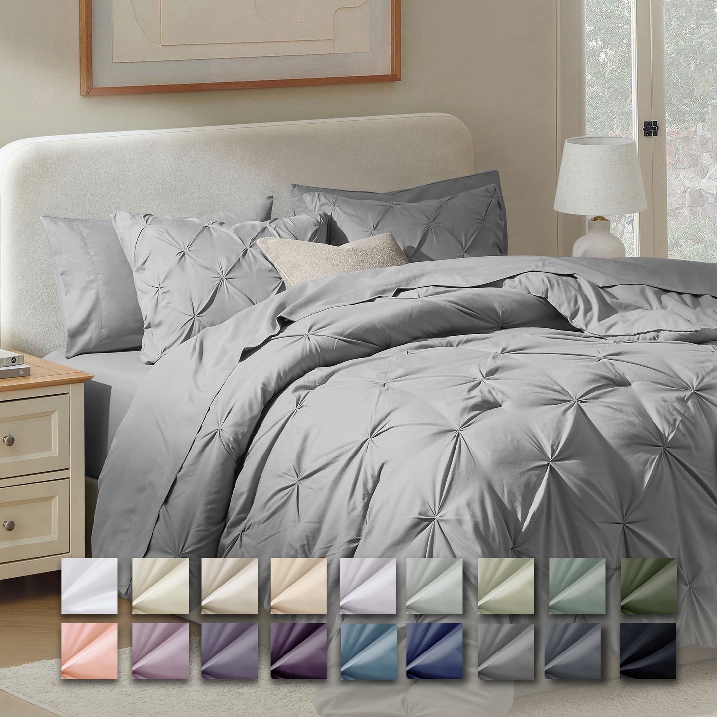 Virtu Queen Comforter Set, 7Pc Bed in a Bag, Pleated Bedding Comforter Sets Queen, Gray/Silver
