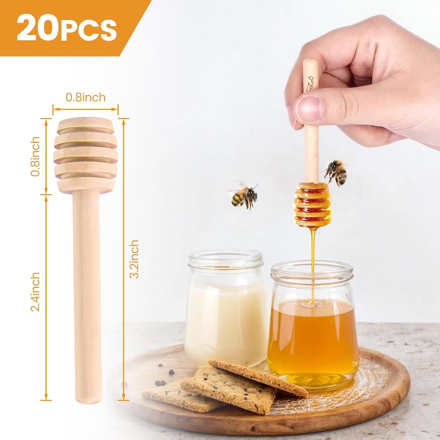 20PCS Wooden Honey Dipper Sticks, 3 Inch Honeycomb, Mini Honey Spoon Wand for Jar and Dispenser, Top off Cupcake, Themed Baby Shower, Bridal Party Favors