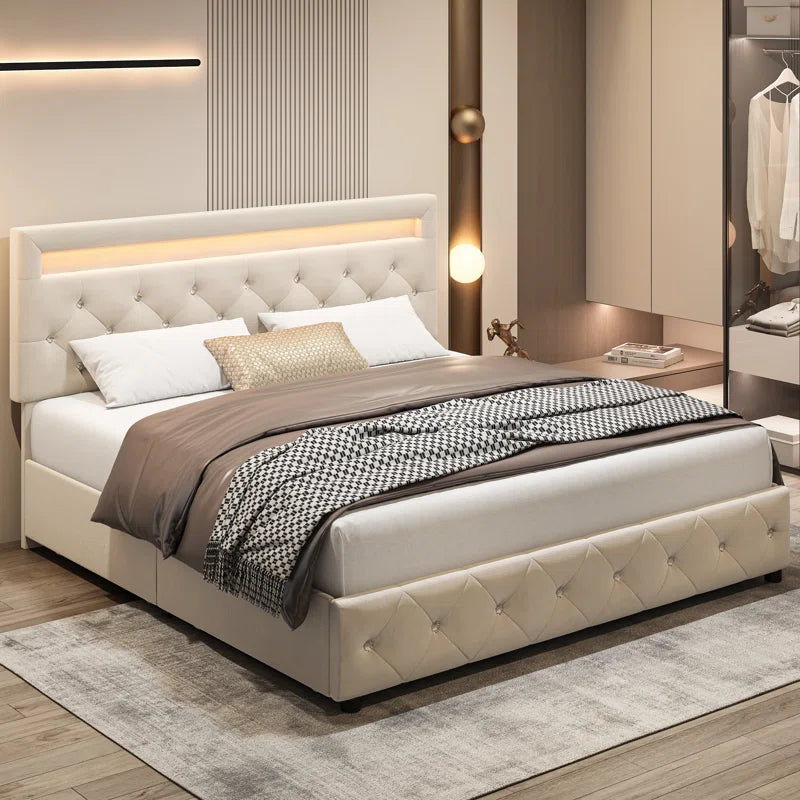 Atrayu Upholstered Platform Bed with LED Light and 4 Storage Drawers, Adjustable Headboard