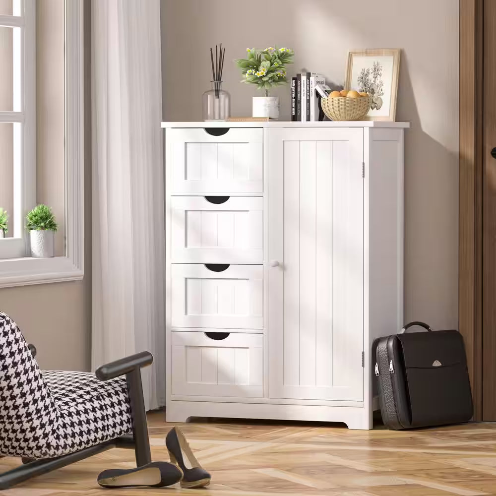 23.6 In. W X 11.8 In. D X 31.6 In. H White Freestanding Linen Cabinet with Adjustable Shelf and 4-Drawer