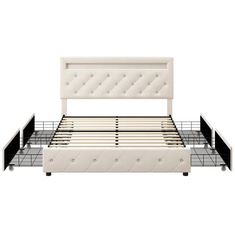 Atrayu Upholstered Platform Bed with LED Light and 4 Storage Drawers, Adjustable Headboard