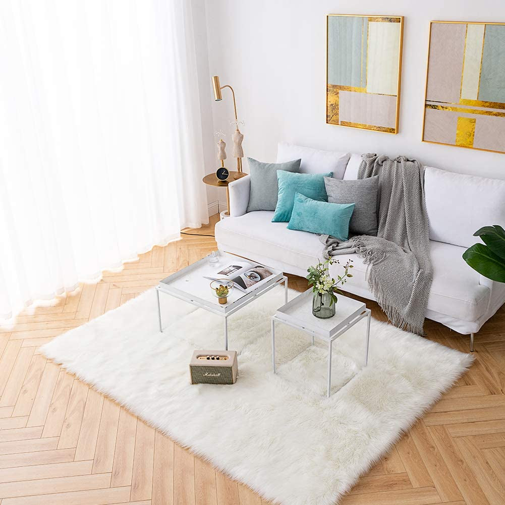 6X9 White Shaggy Faux Sheepskin Area Rug – Large Soft Fluffy Fur Carpet for Bedroom, Living Room, Bedside, or Nursery Decor