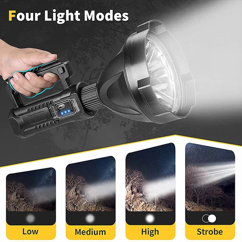 Powerful XHP70 LED Flashlight Searchlight USB Rechargeable Ultra-Long Lighting Distance Torches Outdoor Spotlight Lantern