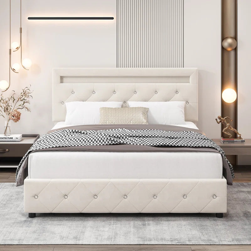 Atrayu Upholstered Platform Bed with LED Light and 4 Storage Drawers, Adjustable Headboard