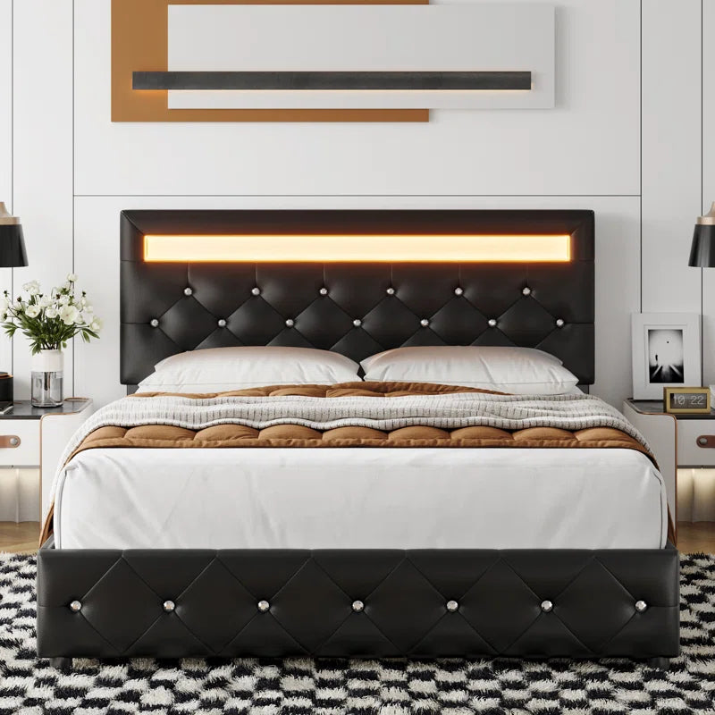 Atrayu Upholstered Platform Bed with LED Light and 4 Storage Drawers, Adjustable Headboard