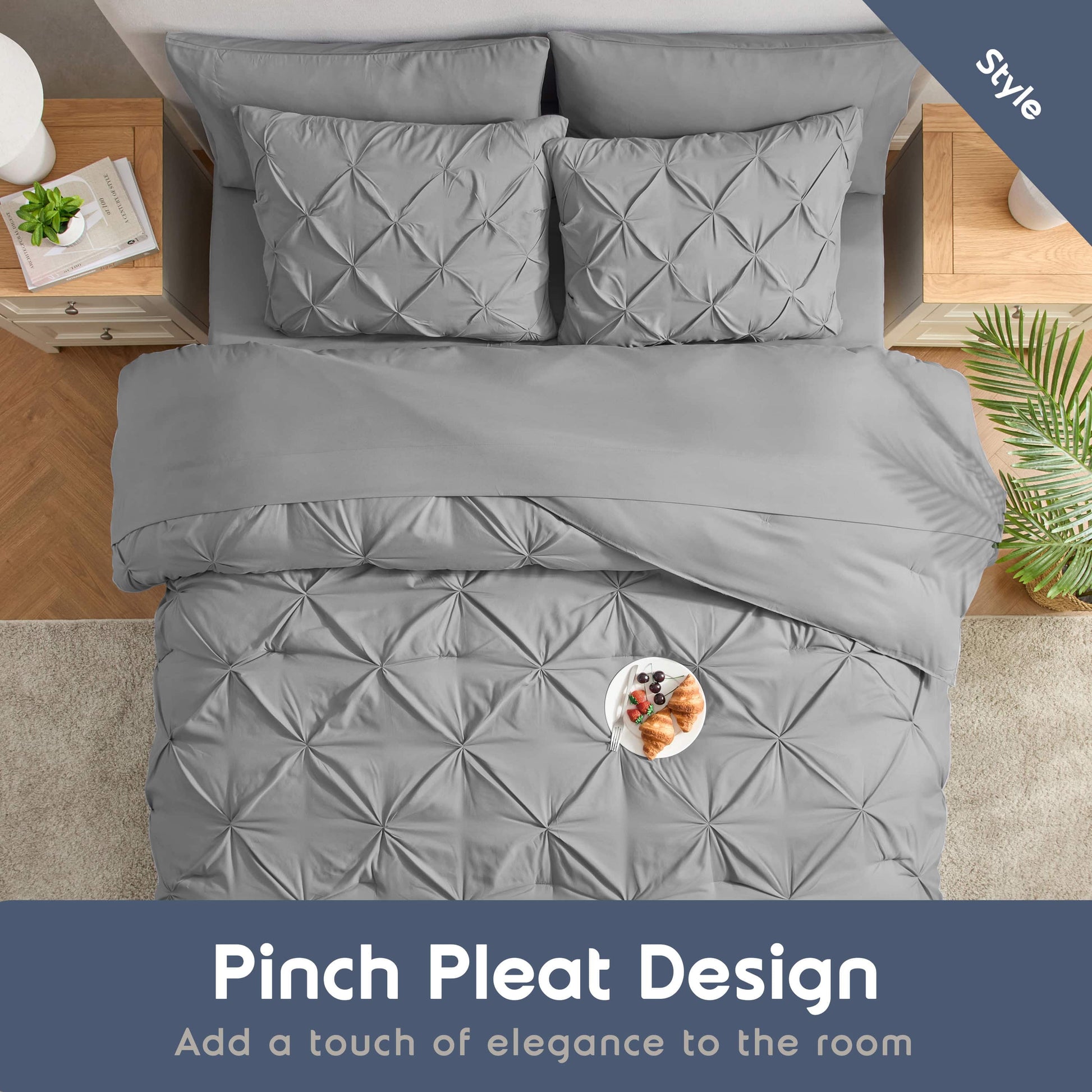 Virtu Queen Comforter Set, 7Pc Bed in a Bag, Pleated Bedding Comforter Sets Queen, Gray/Silver