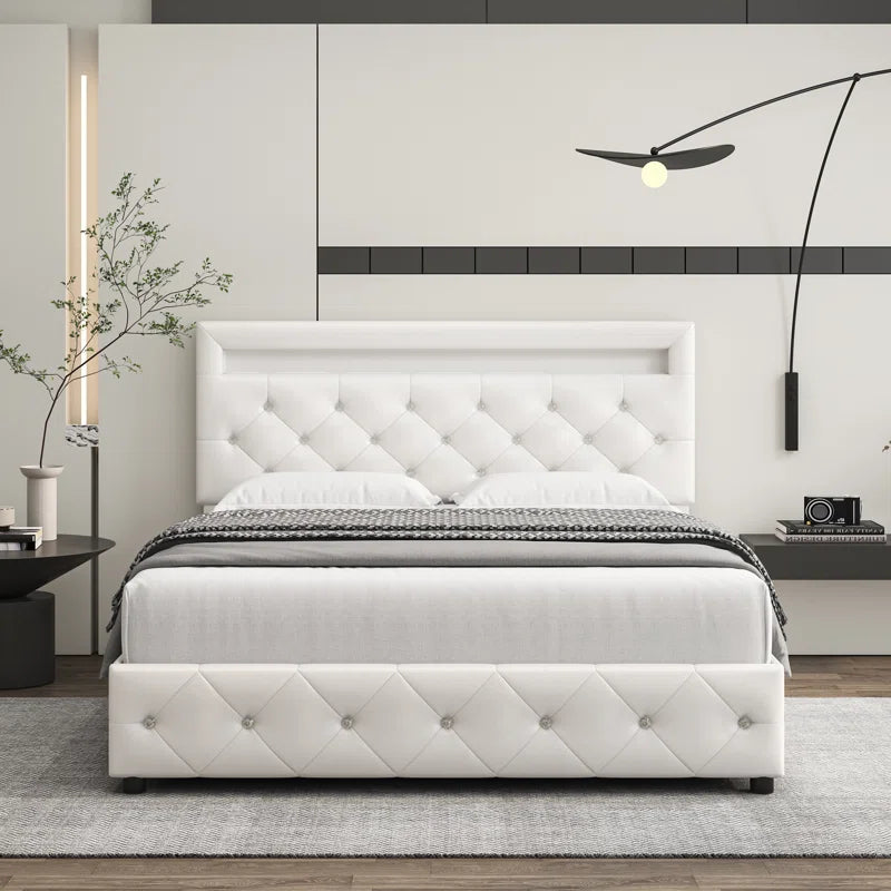 Atrayu Upholstered Platform Bed with LED Light and 4 Storage Drawers, Adjustable Headboard
