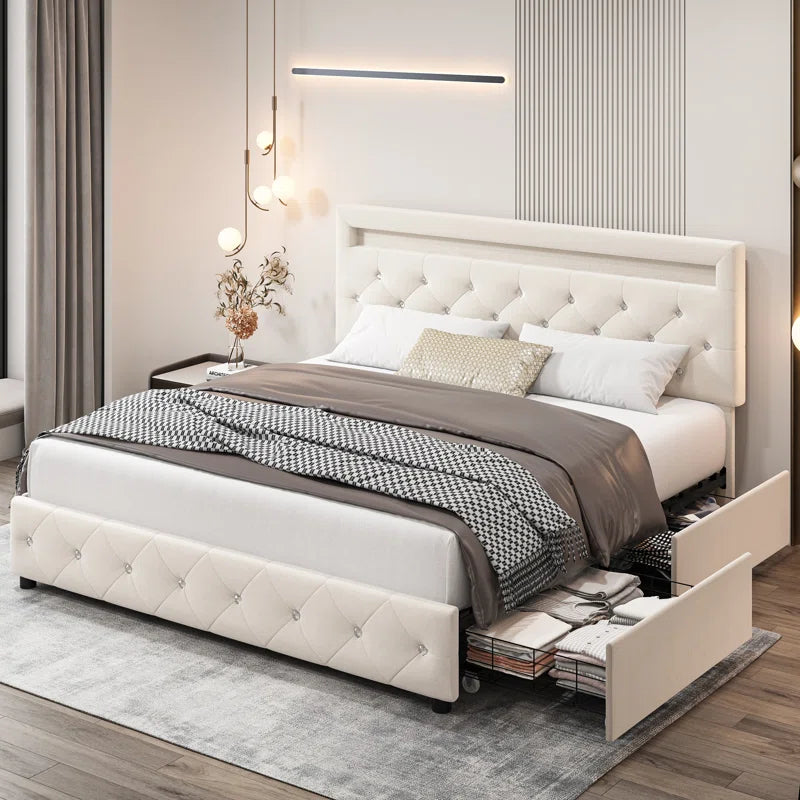Atrayu Upholstered Platform Bed with LED Light and 4 Storage Drawers, Adjustable Headboard