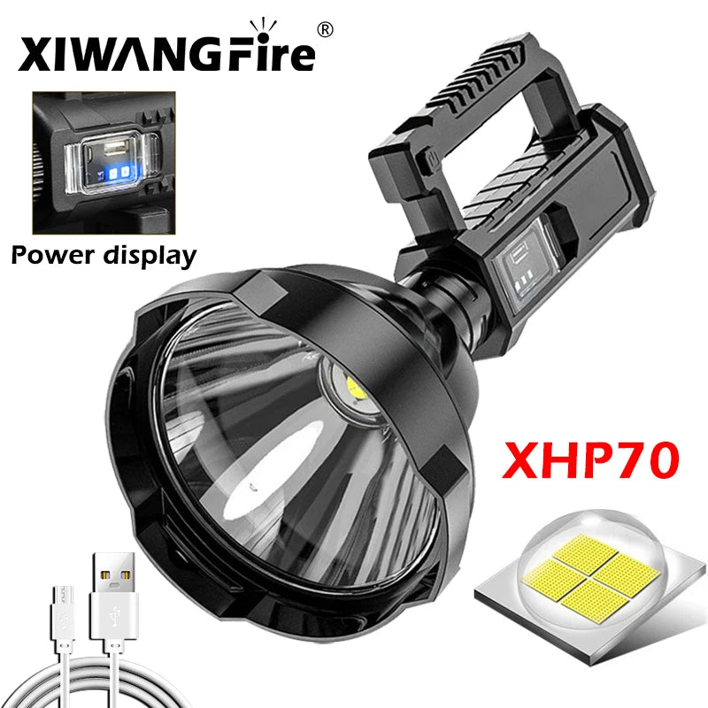 Powerful XHP70 LED Flashlight Searchlight USB Rechargeable Ultra-Long Lighting Distance Torches Outdoor Spotlight Lantern
